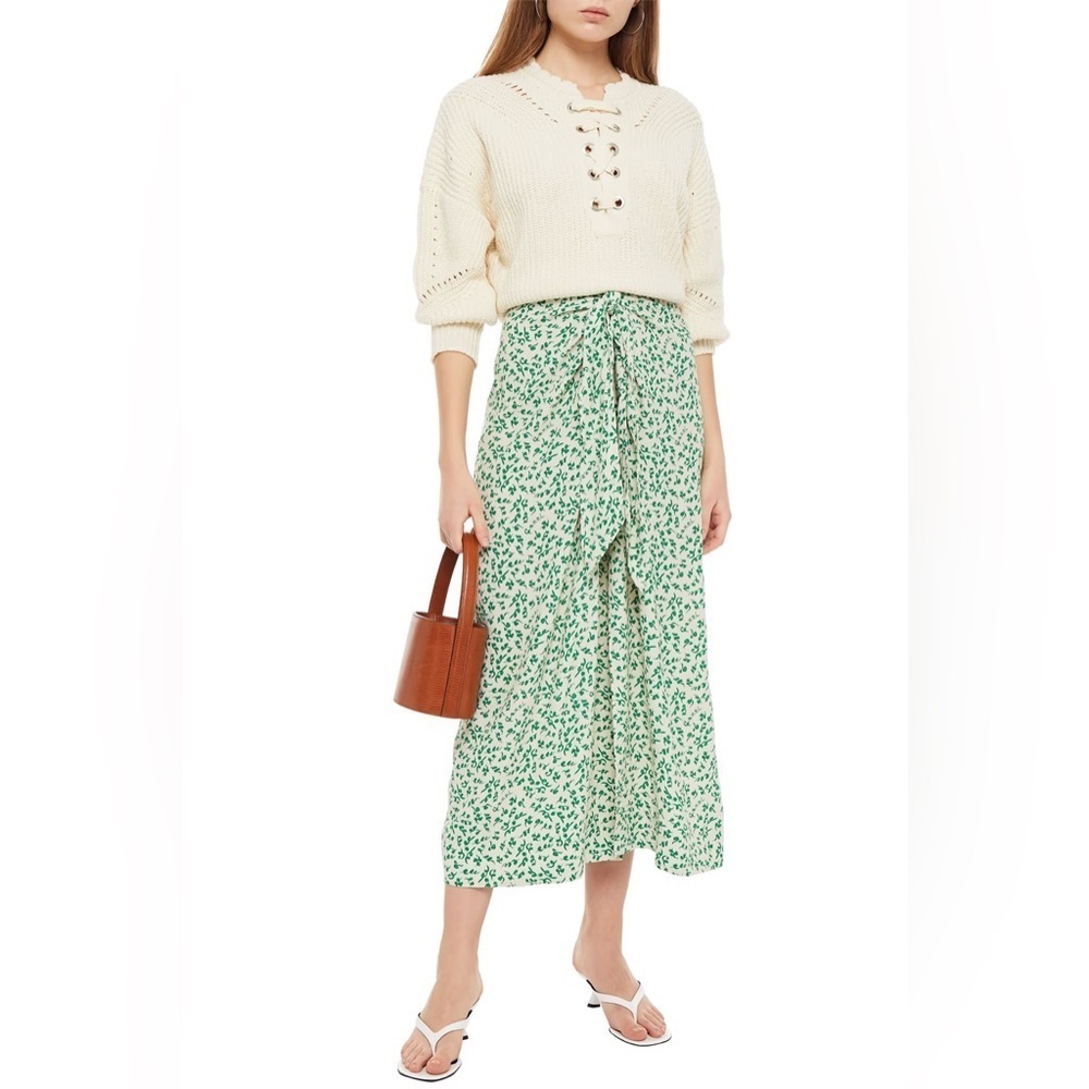 GANNI Tie-front Printed Crepe Midi Skirt In Cream size 42
